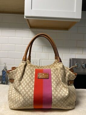 kate spade Beige Canvas Shoulder Bag with Pink & Orange Stripe